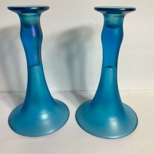 Pair Of Dugan stretch Celeste Blue Stretch Glass Candleholders
